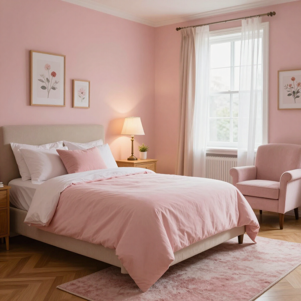 Habitación rosa con cama, lámpara de noche, sillón y ventana con cortinas transparentes.