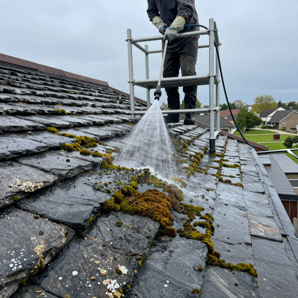 Worker pressure-washing a mossy slate roof under cloudy skies