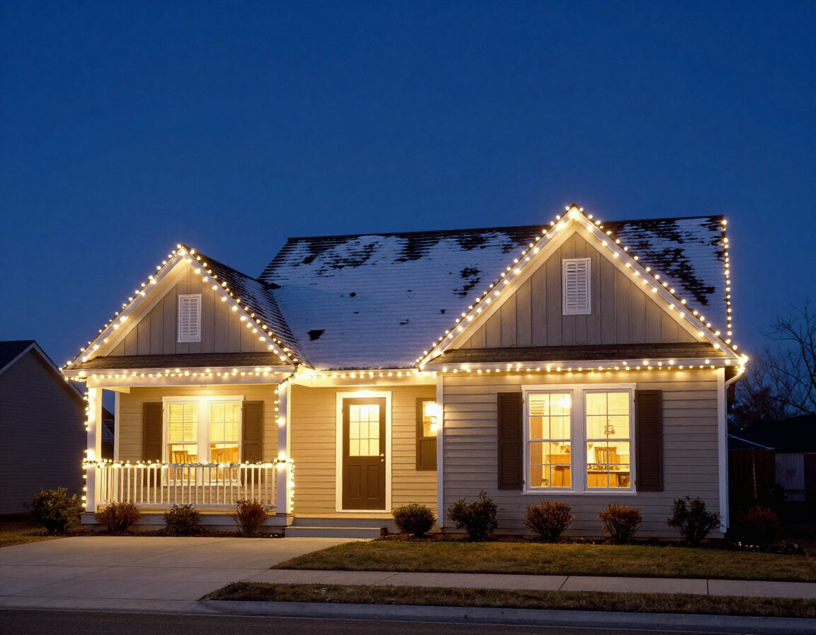 Snow-dusted house at dusk, outlined with warm holiday lights and glowing windows.