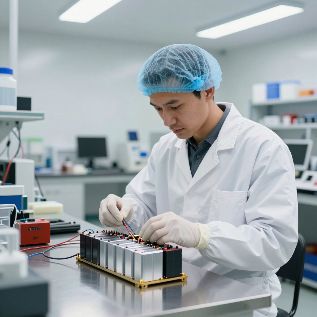 Técnico con bata de laboratorio y redecilla para el cabello inspeccionando un paquete de baterías en un laboratorio bien iluminado.