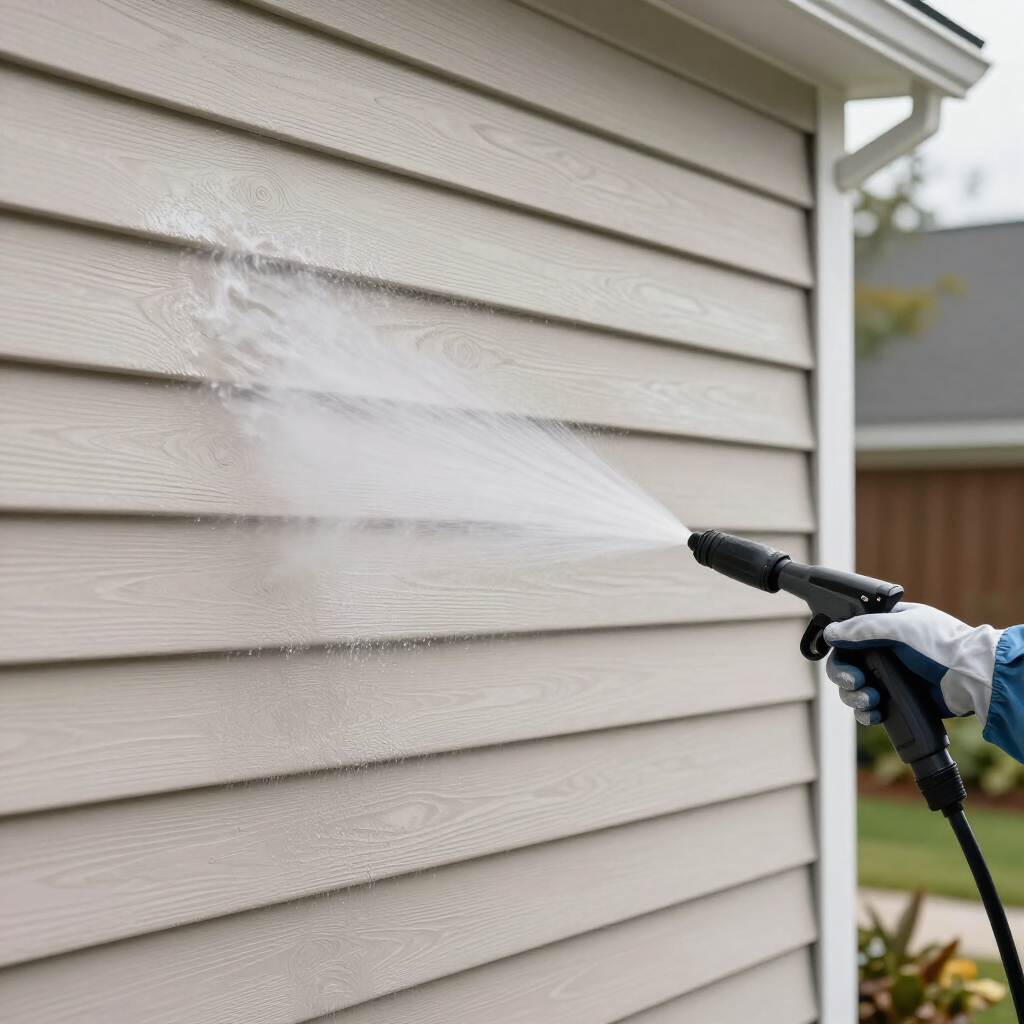 Person pressure-washing beige house siding with a spray nozzle