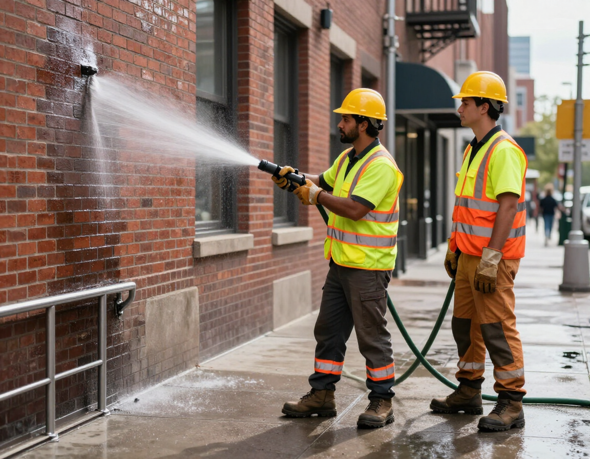 Two workers in hard hats pressure-wash a brick building on a wet sidewalk.