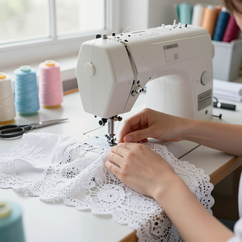 Manos cosiendo encaje blanco en una máquina de coser en un luminoso taller de manualidades.
