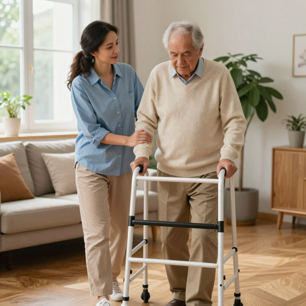 Cuidador ayudando a un anciano a caminar con andador en una sala de estar luminosa.