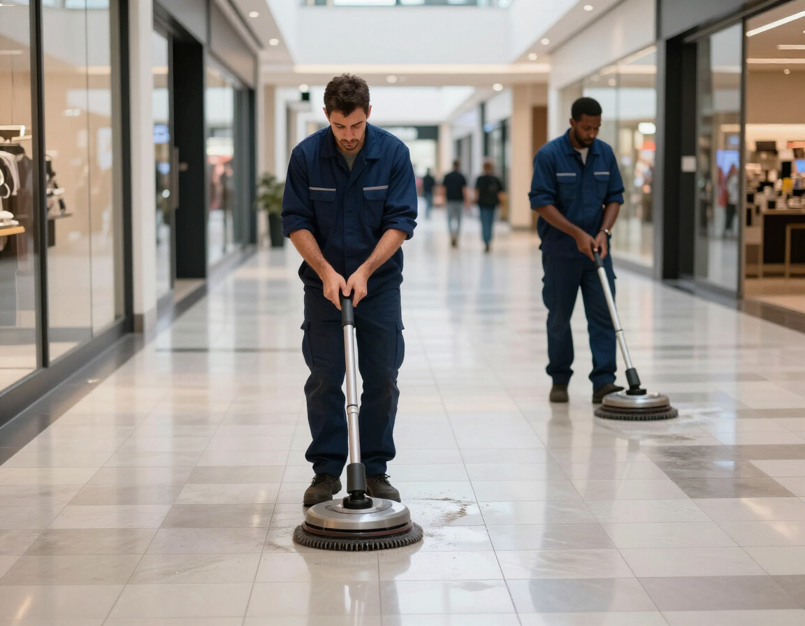 Dos limpiadores abrillantan el suelo de un centro comercial con pulidoras en un pasillo luminoso.