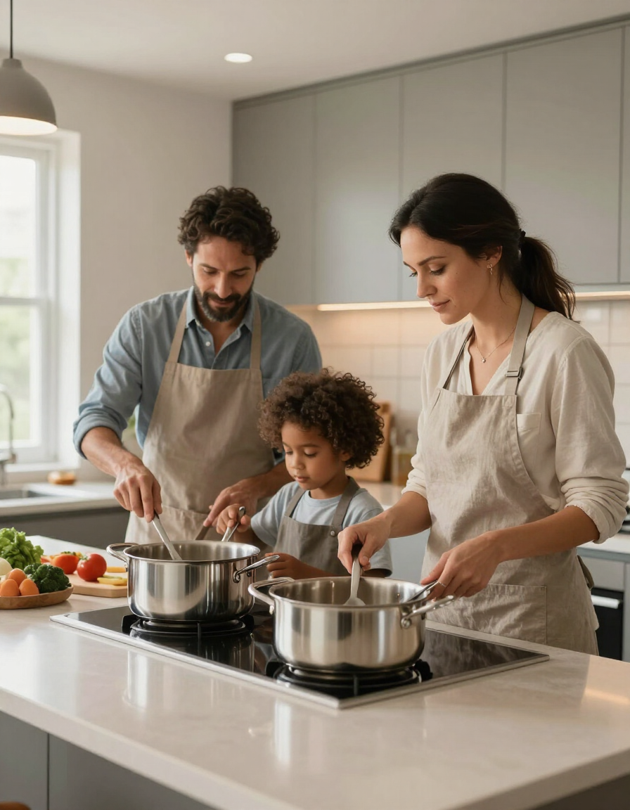 Familia cocinando en una cocina moderna