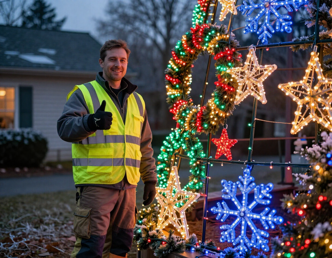Worker in a neon safety vest beside lit holiday decorations and a glowing wreath outdoors at dusk
