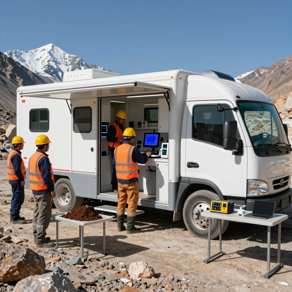 Equipo de trabajadores con equipo de seguridad junto a un camión laboratorio móvil blanco en un lugar de trabajo en las Montañas Rocosas.