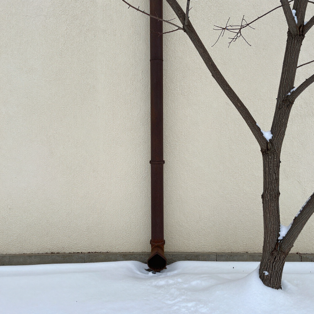 Snow-covered yard beside a beige wall with a brown downspout and a leafless tree trunk