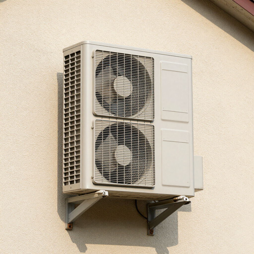 Unidad de aire acondicionado exterior de pared con dos ventiladores en una pared de un edificio de color beige.