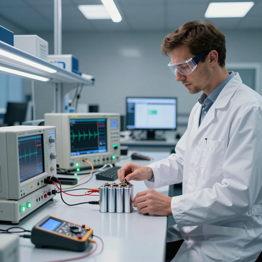 Científico con bata de laboratorio utilizando equipos de prueba en una mesa de trabajo con monitores e instrumentos en un laboratorio.