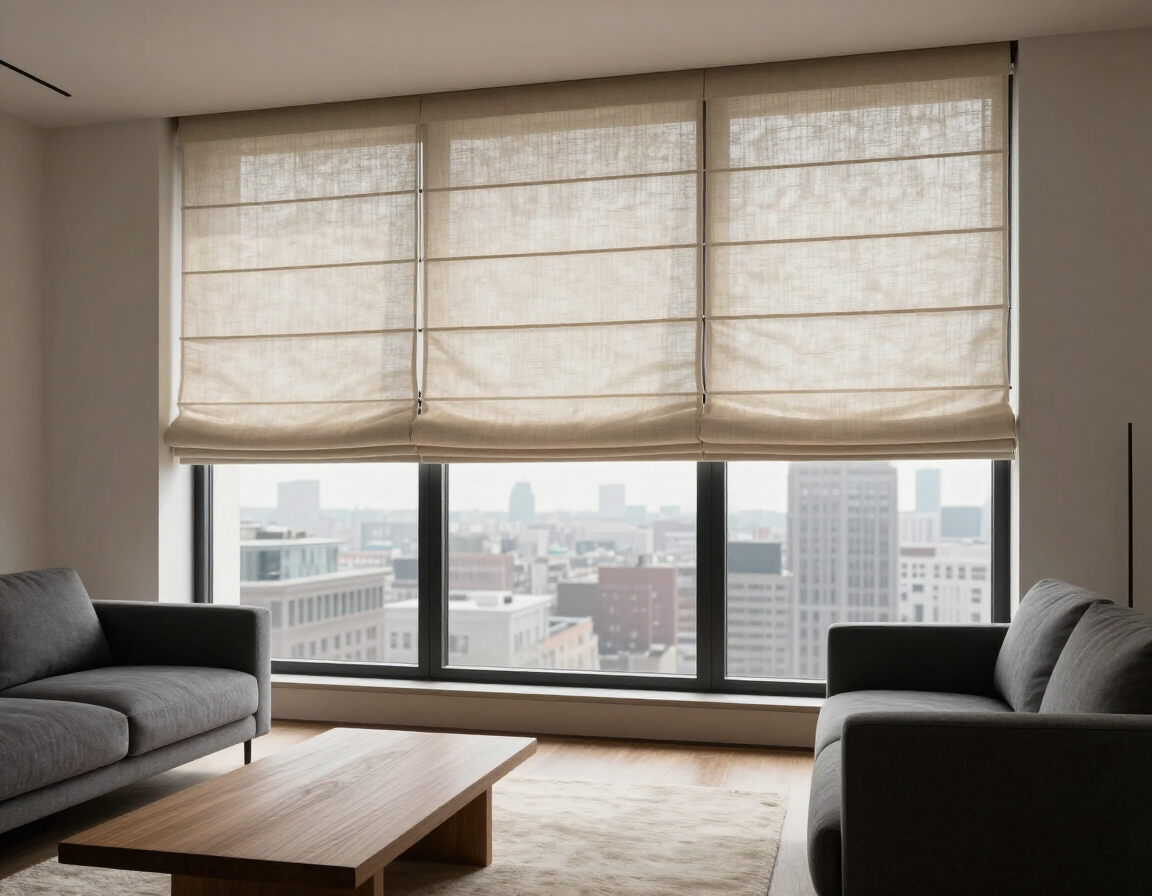 Sala de estar moderna con sofás grises, mesa de centro de madera y grandes ventanales con vistas al horizonte de la ciudad.