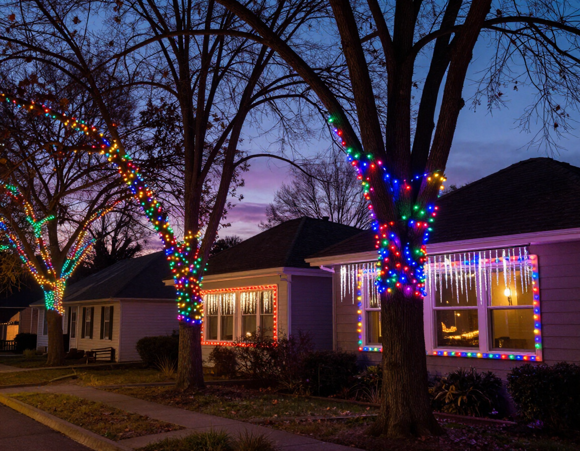 Houses and trees lit with colorful Christmas lights along a quiet suburban street at dusk