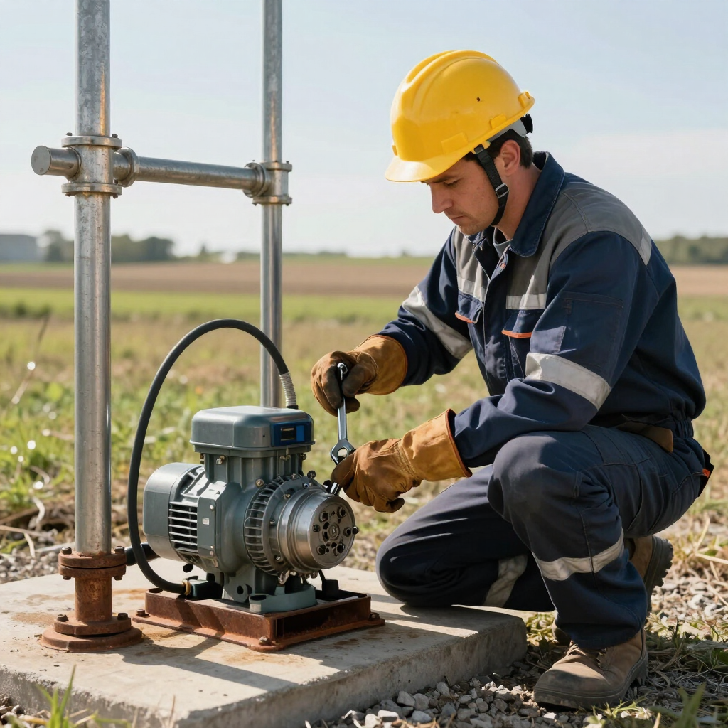 Técnico con casco amarillo inspeccionando una bomba junto a un andamio al aire libre.