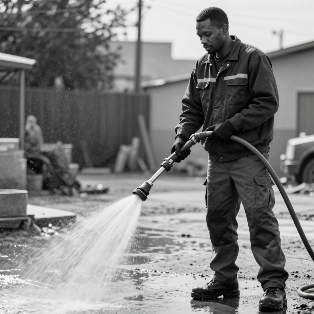 Worker pressure-washing pavement outdoors with a hose and spray nozzle.