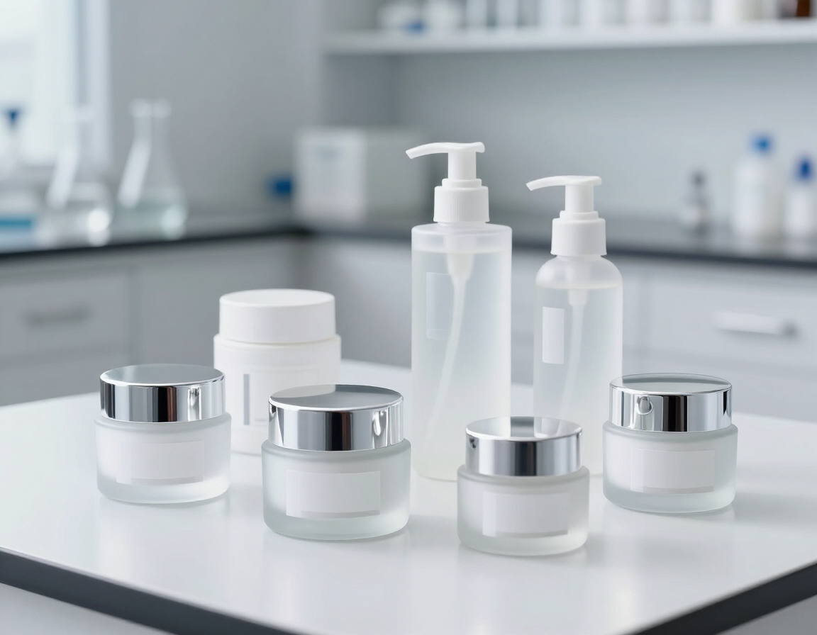 Frascos de cosméticos blancos y botellas con dosificador dispuestos sobre una encimera de baño luminosa.