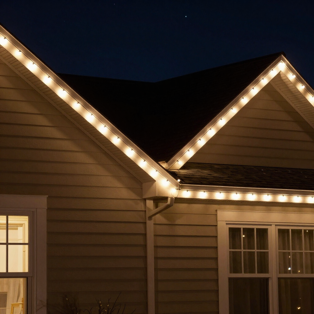 House roofline outlined with warm white lights against a dark night sky
