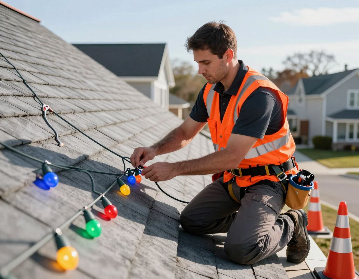 Worker installing colorful string lights on a rooftop beside traffic cones