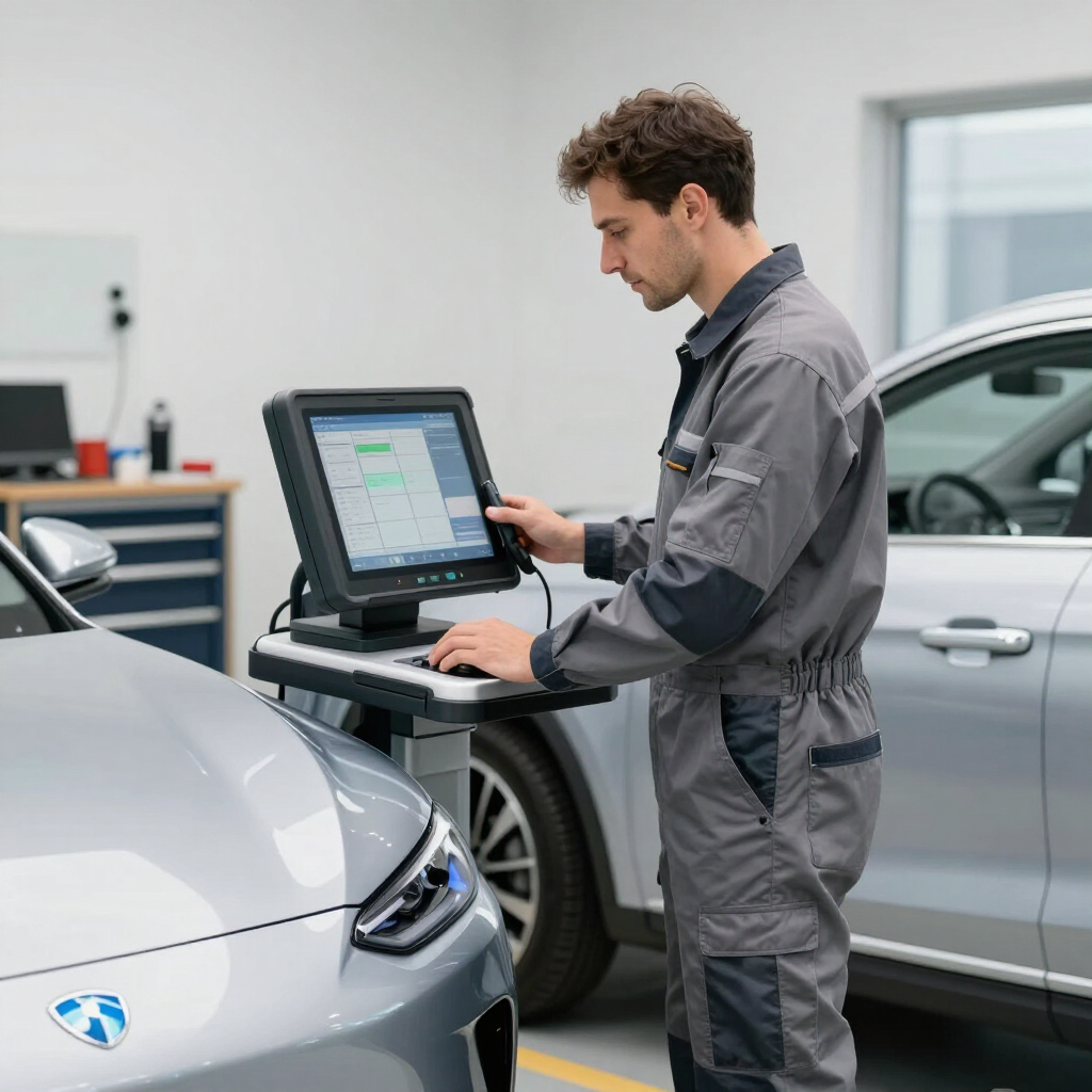 Mecánico utilizando un ordenador portátil para diagnosticar un coche plateado en un garaje.