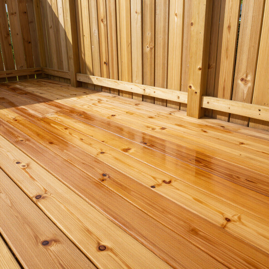 Sunlit wooden deck with a fenced corner and vertical plank walls
