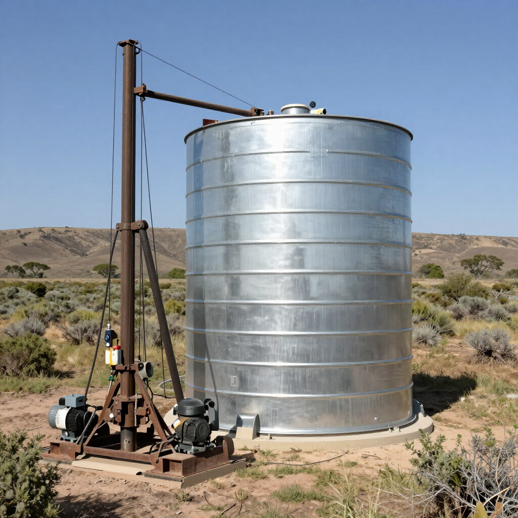 Gran tanque de agua de metal galvanizado junto a una plataforma de perforación en un paisaje desértico árido.