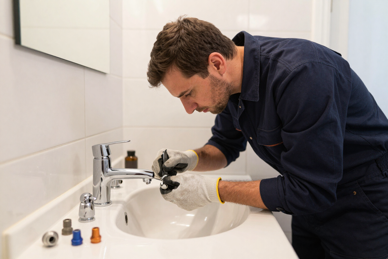 Plomero reparando una canilla en un baño