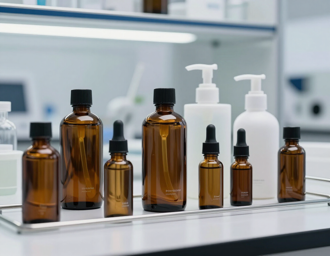 Frascos de cosméticos de color ámbar y blanco en un estante de laboratorio, con pipetas al fondo.