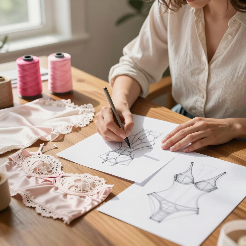 Diseñadora dibujando patrones de lencería en un escritorio con muestras de tela rosa y carretes de hilo.