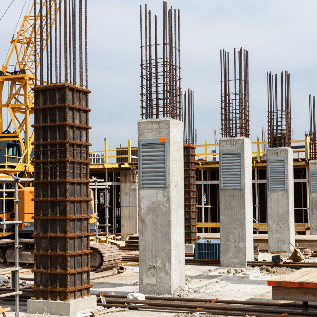 Obra en construcción con columnas de hormigón y barras de refuerzo expuestas bajo una grúa.