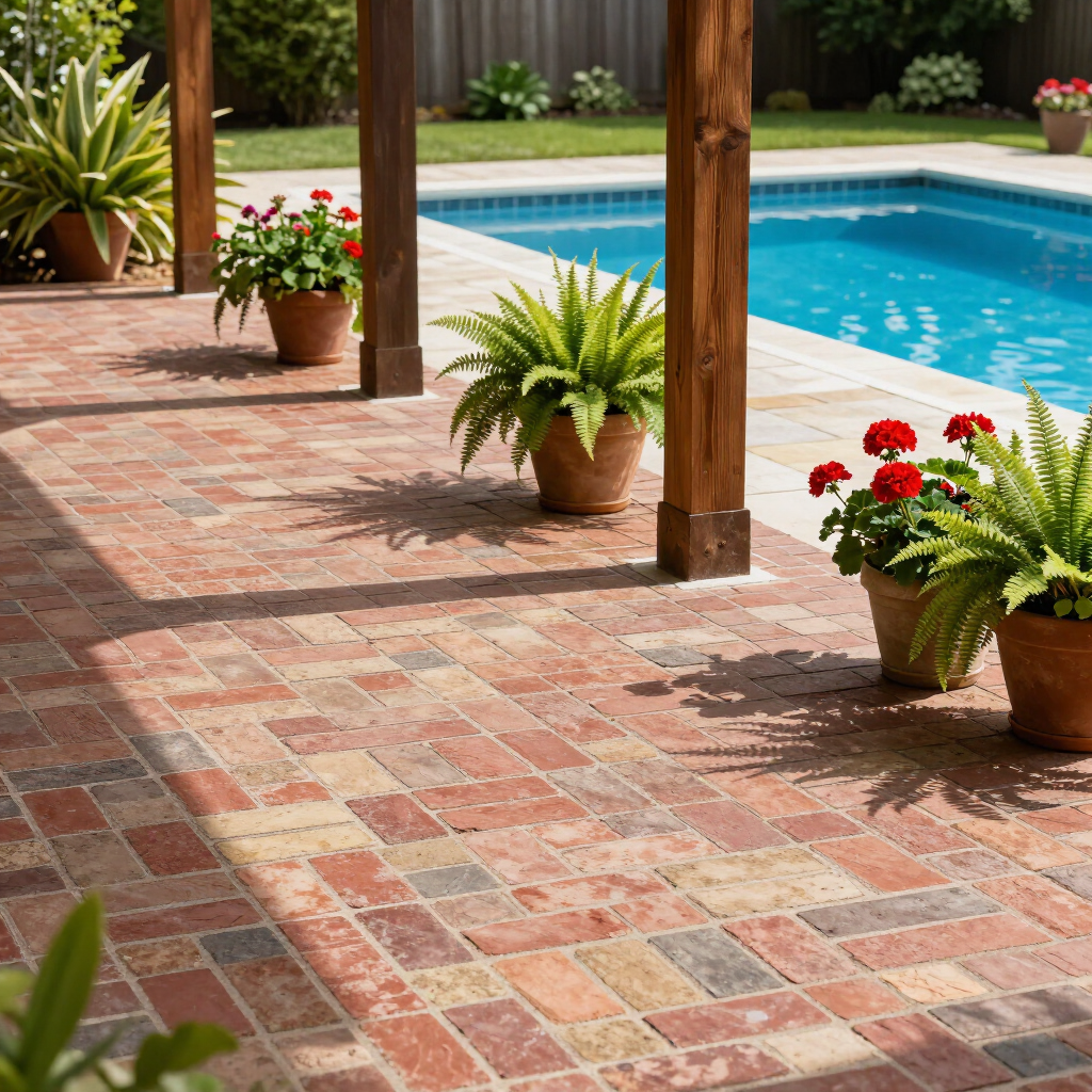 Brick patio with potted plants beside a blue swimming pool under a wooden pergola