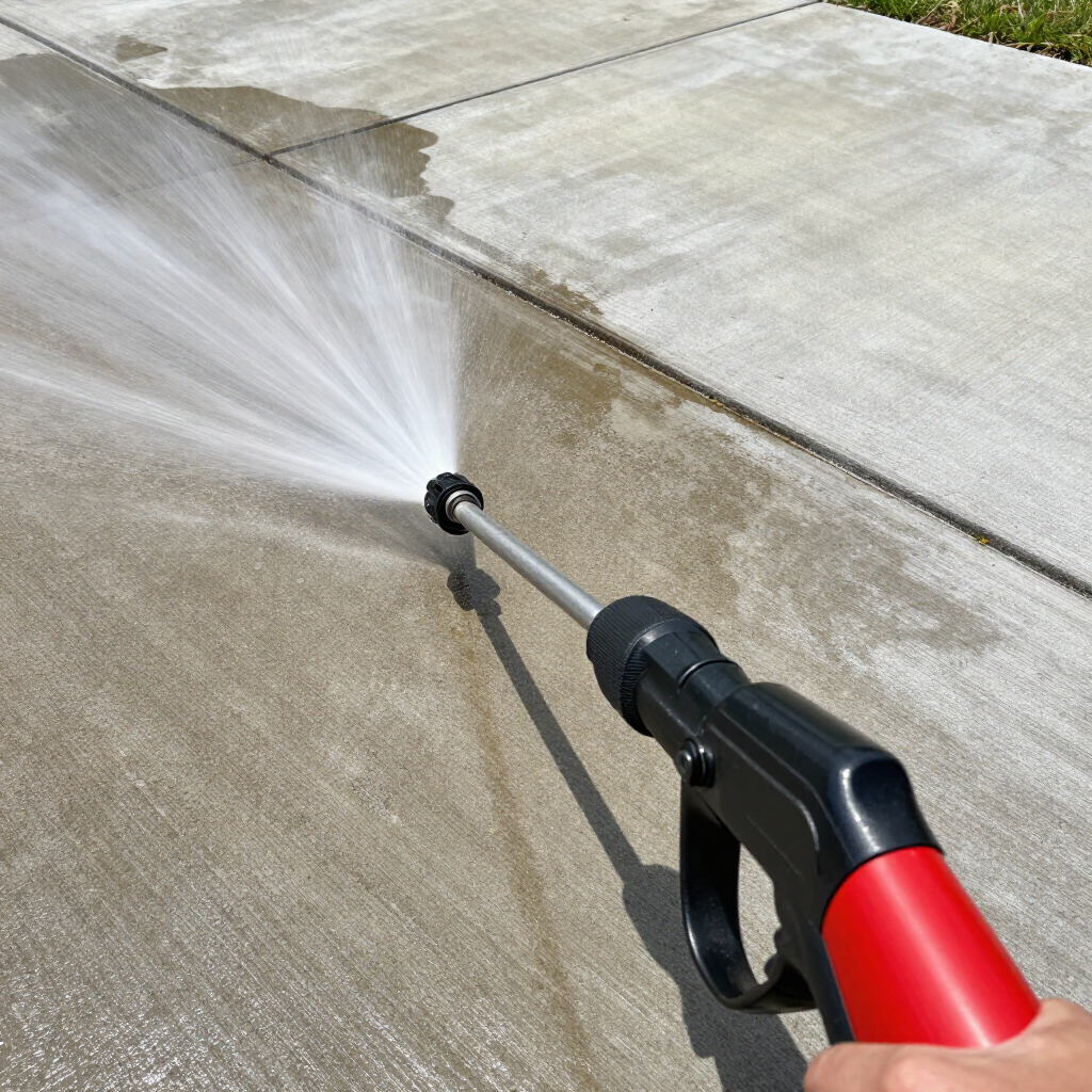 Pressure washer spraying water across a concrete driveway with a red and black wand